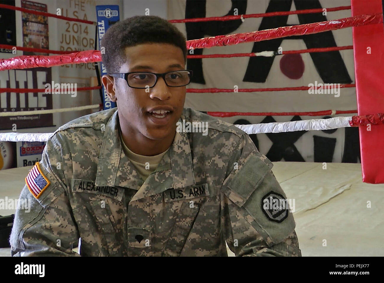 Spc. Trey Alexander, a Louisiana National Guardsman and amateur boxer, trains in Houma, La., in preparation for the All-Army Boxing Tournament, Aug. 13, 2015. Alexander, a food service specialist with Headquarters and Headquarters Detachment, 139th Regional Support Group, traveled to Fort Huachuca, Ariz., where he won his weight class and earned a spot on the All-Army Boxing Team. (U.S. Army National Guard Photo by Staff Sgt. David C Kirtland/RELEASED) Stock Photo
