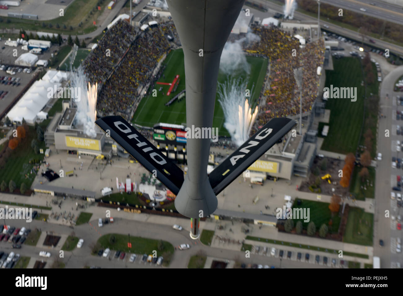 A KC-135R Stratotanker from the 121st Air Refueling Wing completes a flyover of the Mapfre Stadium in Columbus, Ohio, during the start of the Major League Soccer Cup final game Dec. 6, 2015. The Columbus Crew and the Portland Timbers played against each other for the championship cup. (U.S. Air National Guard photo by Airman 1st Class Ashley Williams/Released) Stock Photo