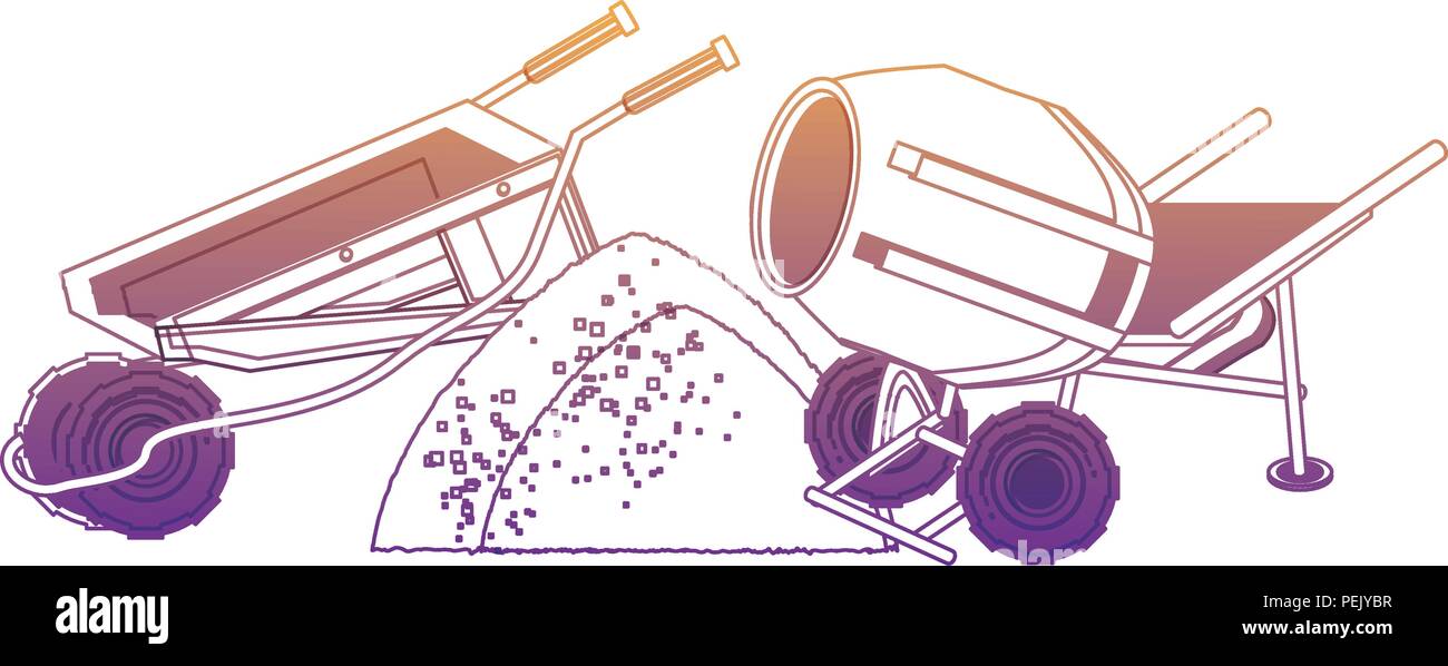 concrete mixer and wheelbarrow icon over white background, vector ...