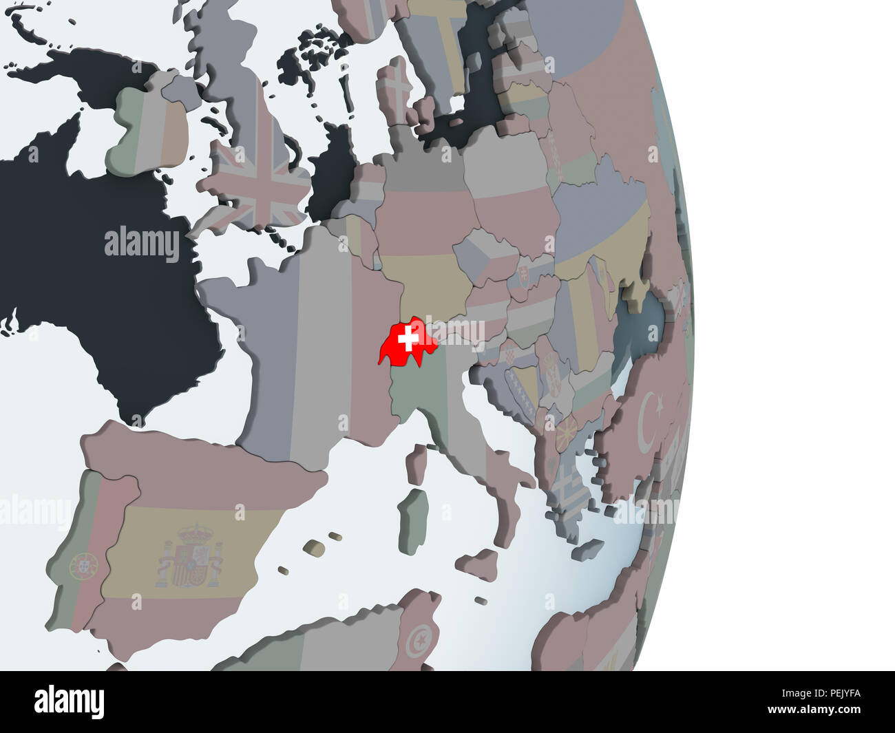 Switzerland on political globe with embedded flag. 3D illustration ...