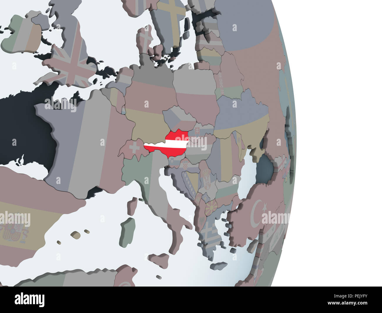 Austria on political globe with embedded flag. 3D illustration Stock ...