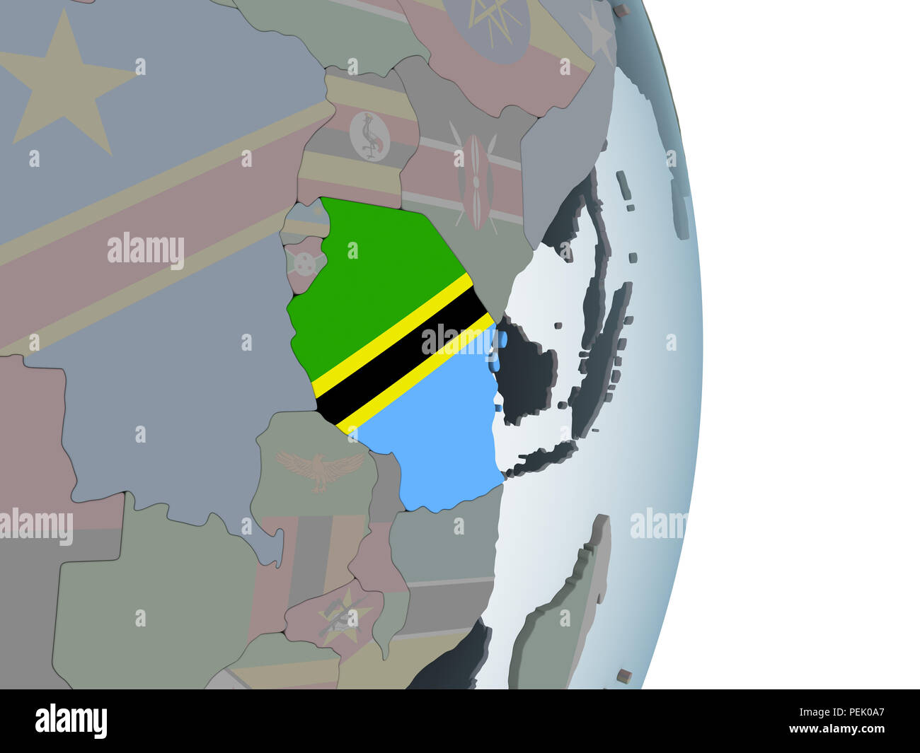 Tanzania on political globe with embedded flag. 3D illustration Stock ...