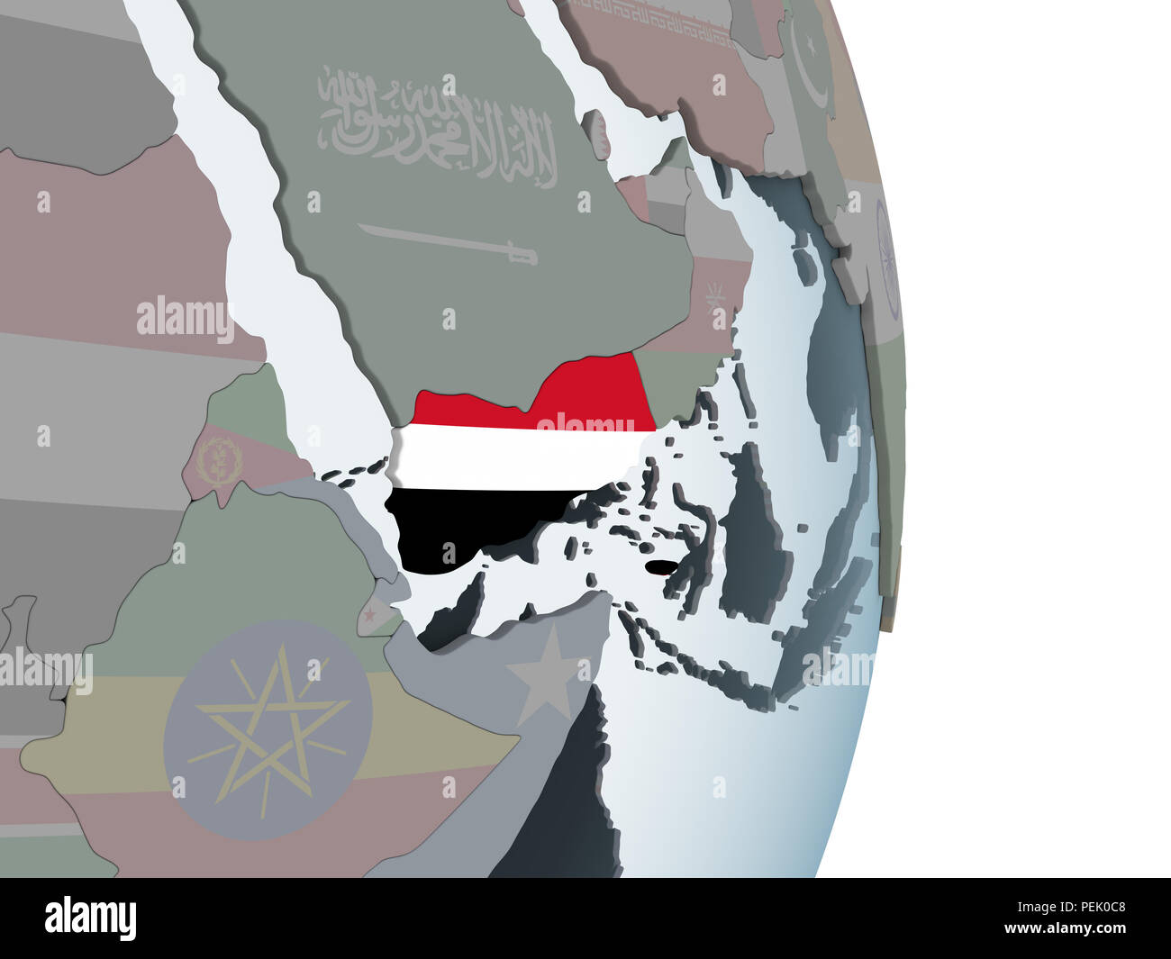 Yemen on political globe with embedded flag. 3D illustration Stock ...