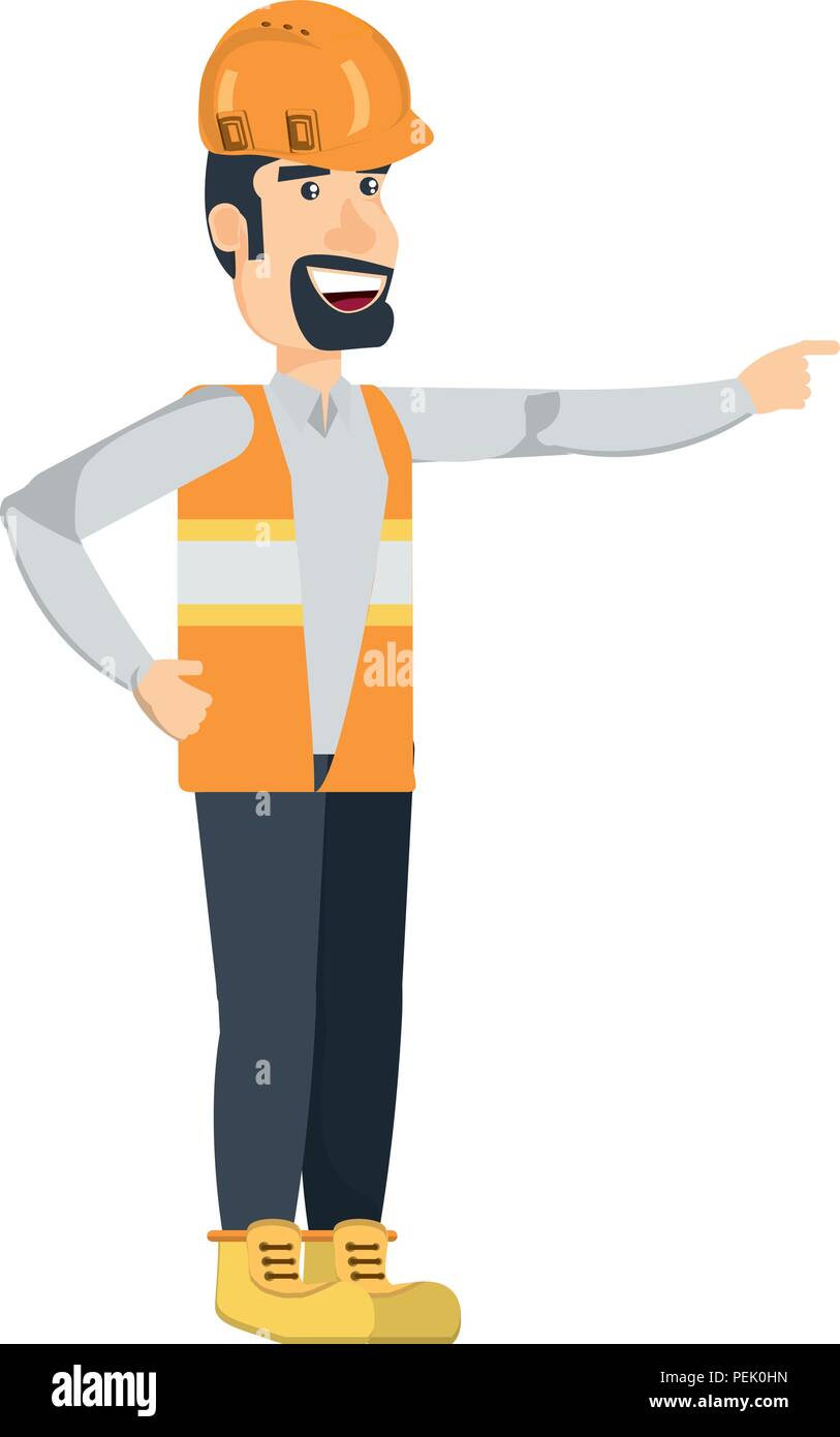 cartoon construction worker with safety vest and helmet over white