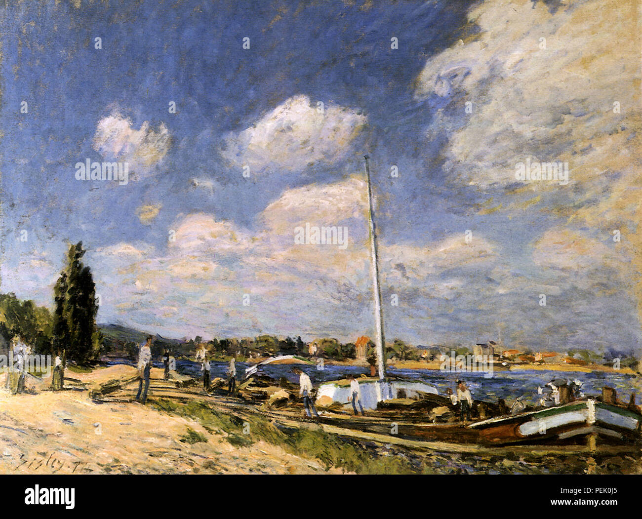 Barges Unloading at Billancourt, Sisley, Alfred Stock Photo