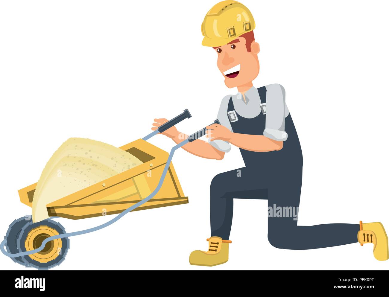 cartoon construction worker with wheelbarrow over white background ...