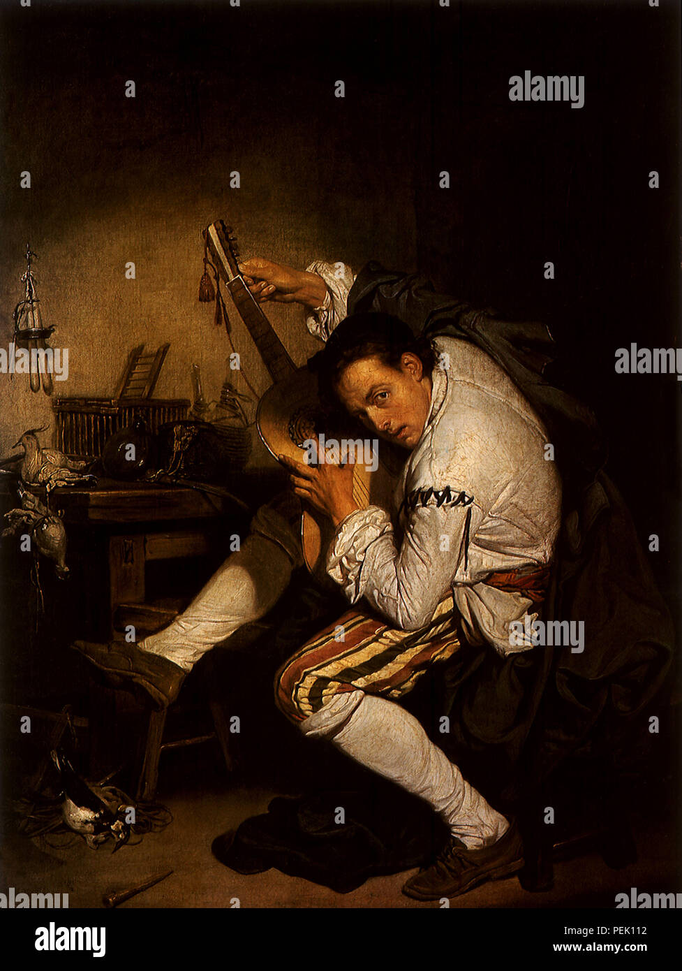 Man Tuning Guitar, Greuze, Jean-Baptiste Stock Photo