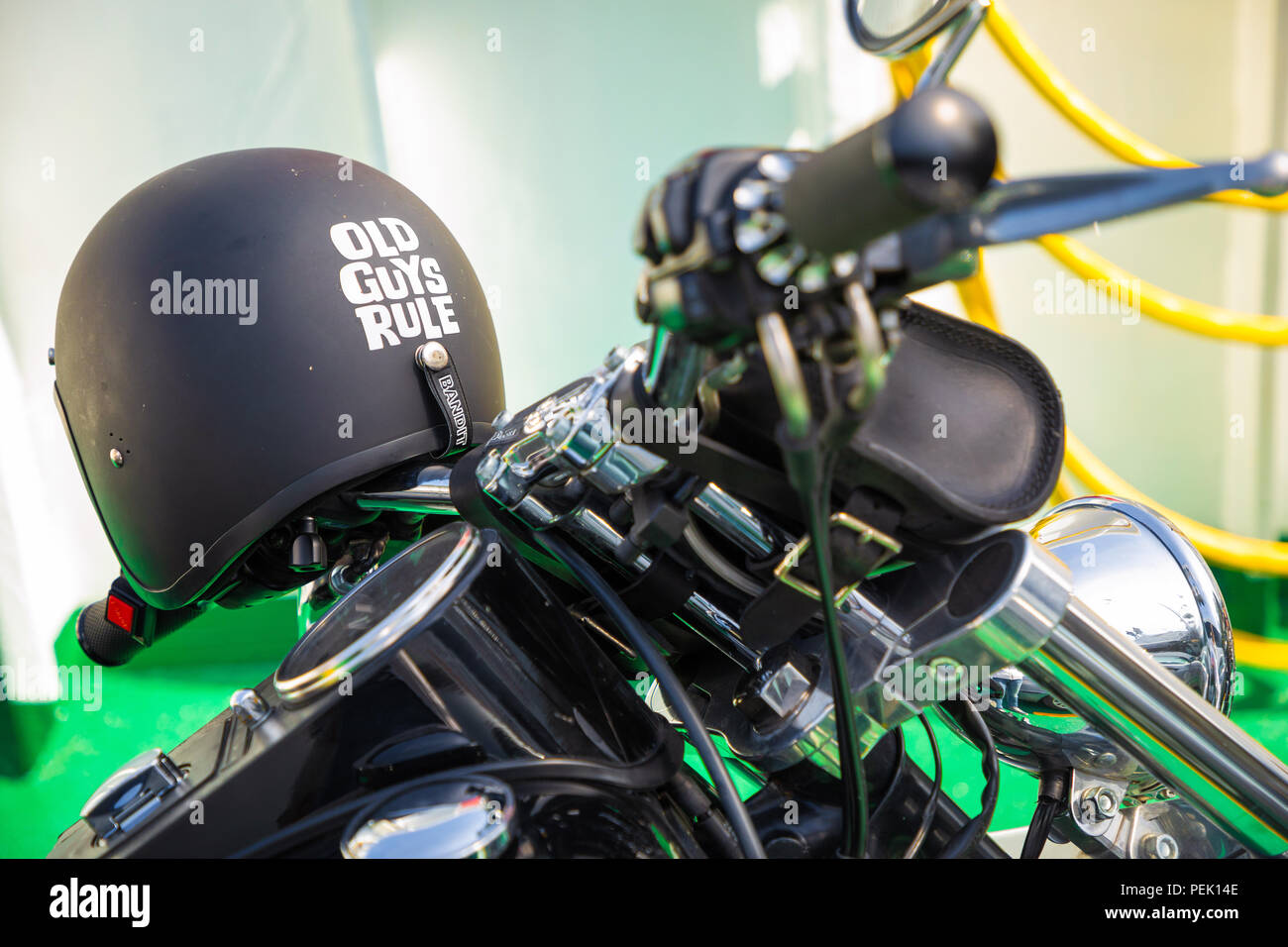 Dalsfjord, Norway - 25.06.2018: Text Old guys rule on motorsycle helmet Stock Photo