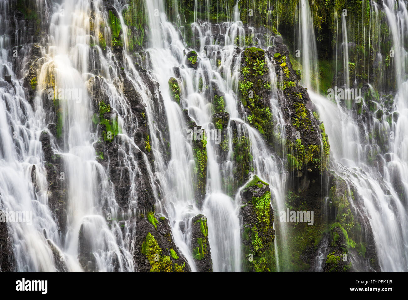 Water cascades down the side of a rocky cliff at McArthur Burney Falls just outside of Burney, California. Stock Photo