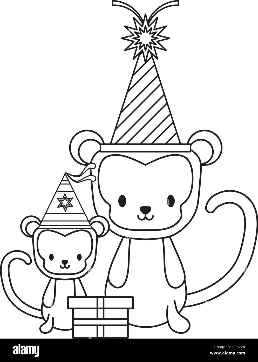 happy birthday design with cute monkeys with party hats over white ...