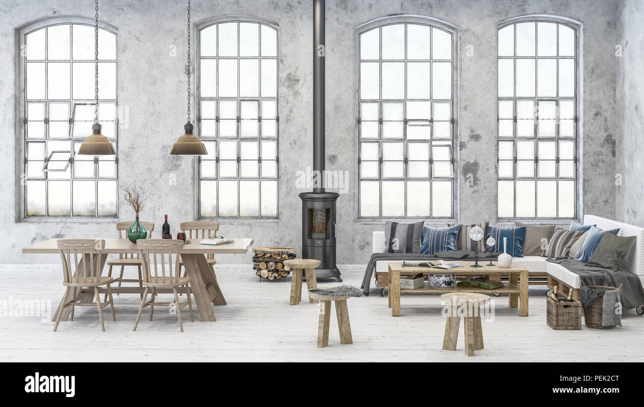 Cozy Dining And Living Room Scene In Old Warehouse With