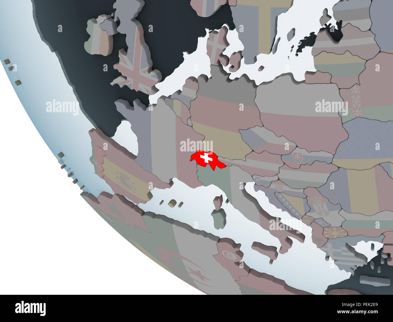 Switzerland on political globe with embedded flag. 3D illustration ...