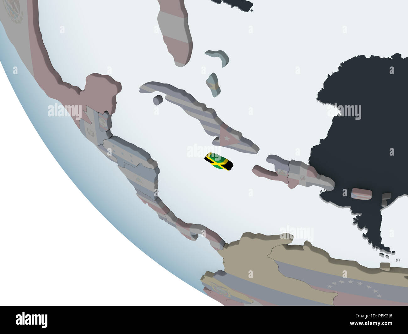 Jamaica on political globe with embedded flag. 3D illustration Stock ...