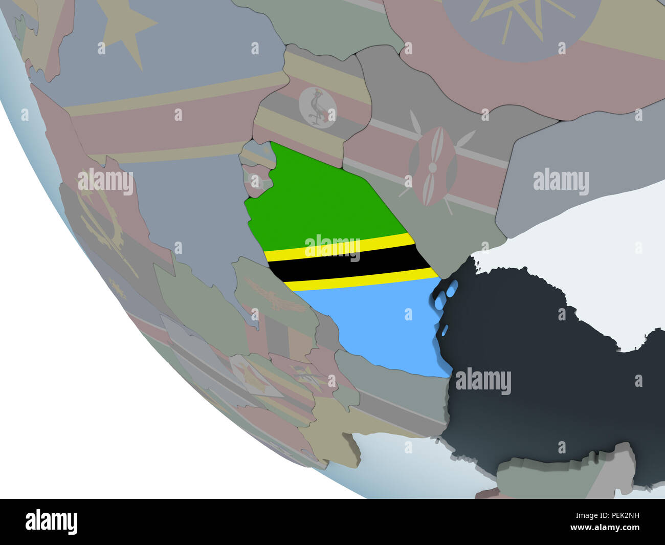 Tanzania on political globe with embedded flag. 3D illustration Stock ...