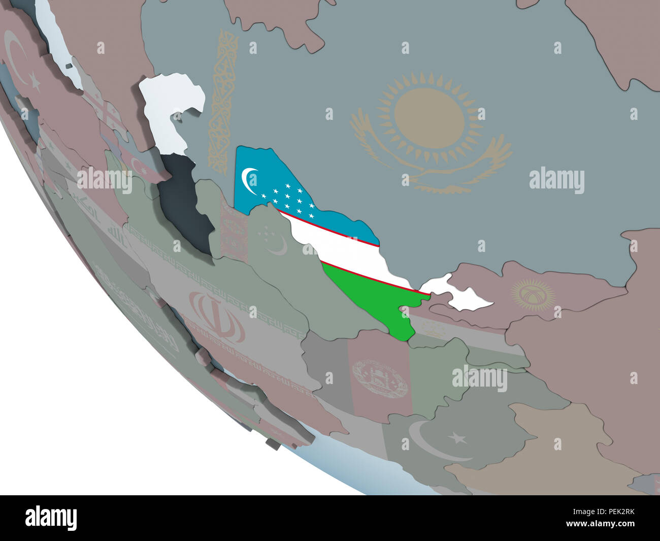 Uzbekistan on political globe with embedded flag. 3D illustration Stock ...