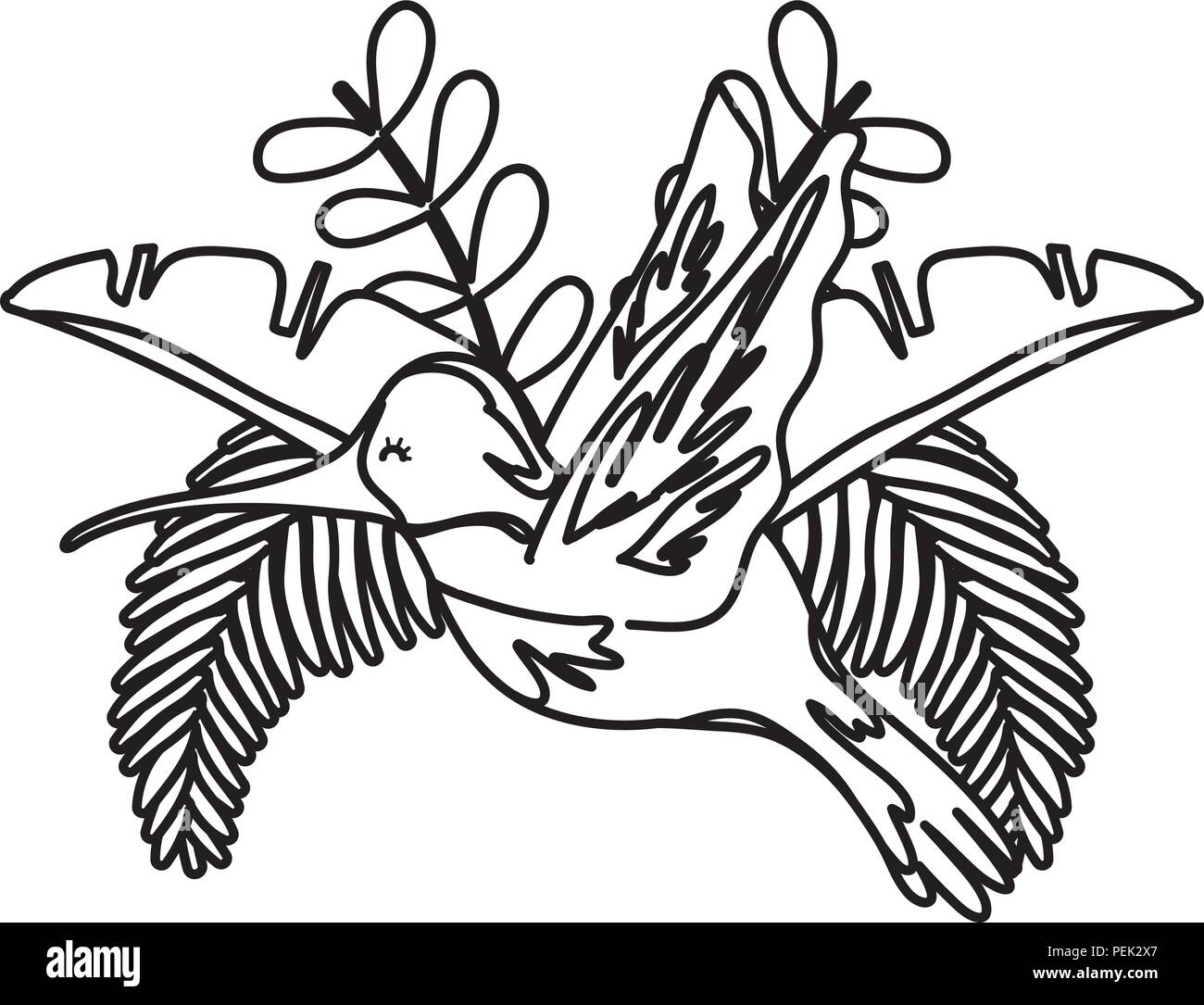 line tropical branch leaves with hummingbird flying Stock Vector Image ...