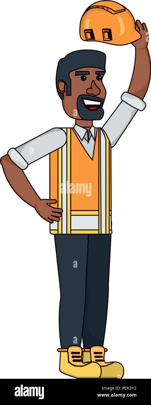 cartoon construction worker with safety vest and helmet over white ...