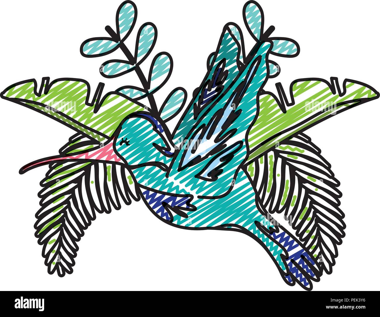 doodle tropical branch leaves with hummingbird flying Stock Vector ...