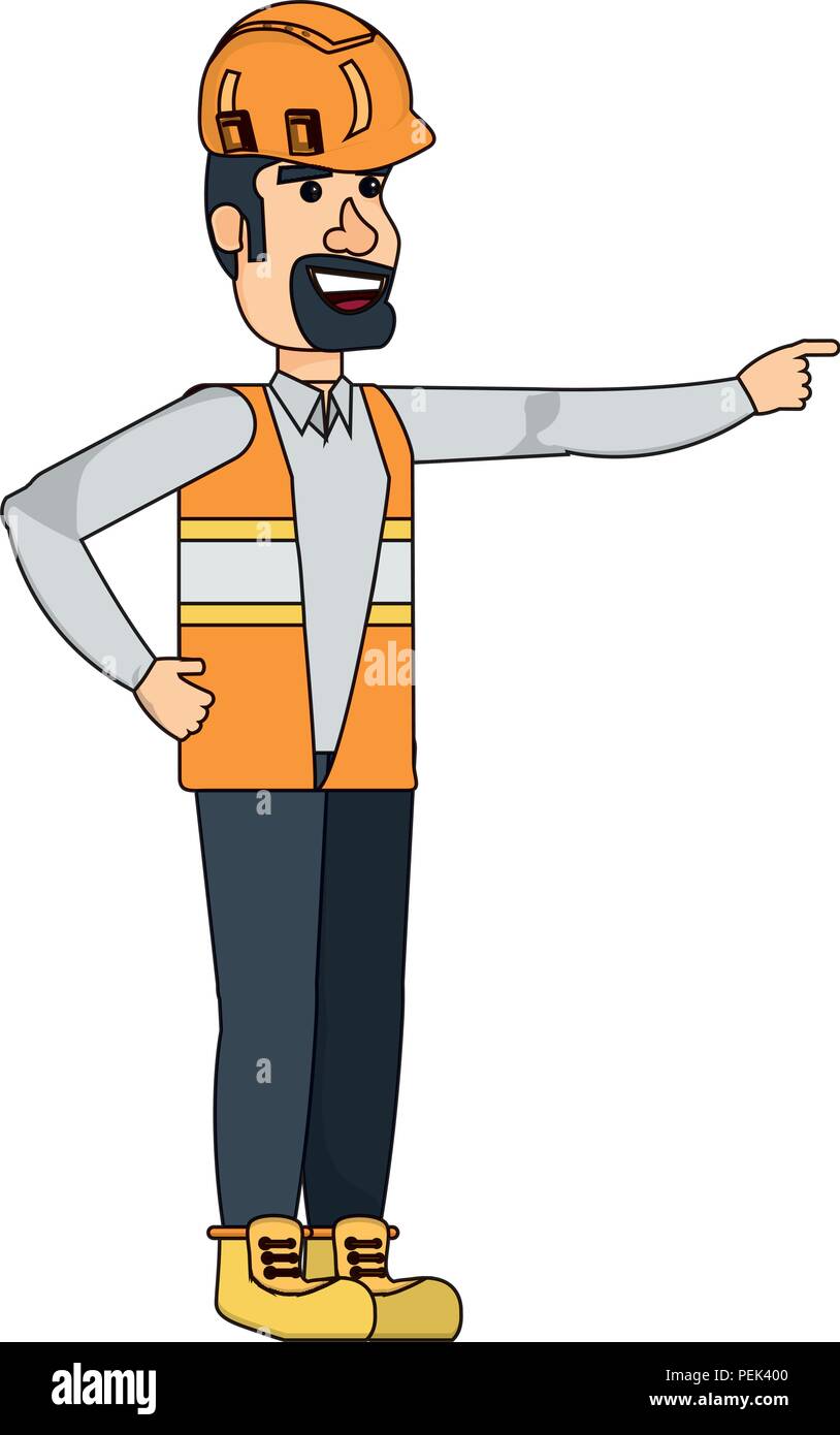 cartoon construction worker with safety vest and helmet over white ...