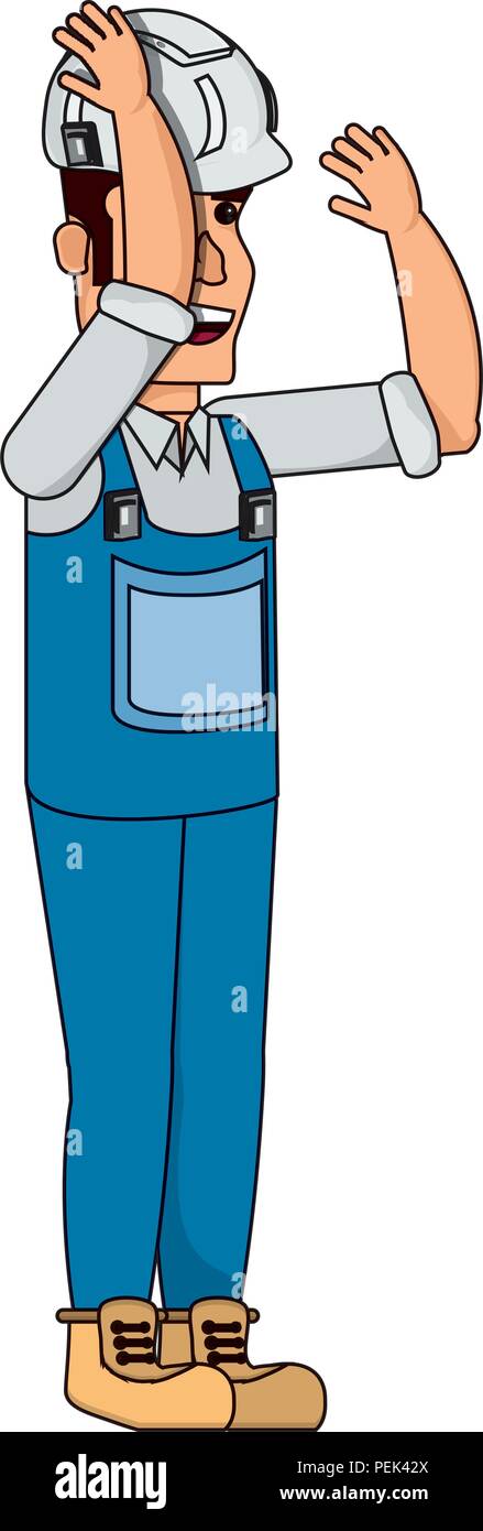 cartoon construction worker with safety vest and helmet over white ...