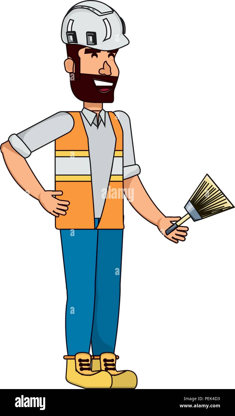 construction worker holding a paint brush over white background, vector ...