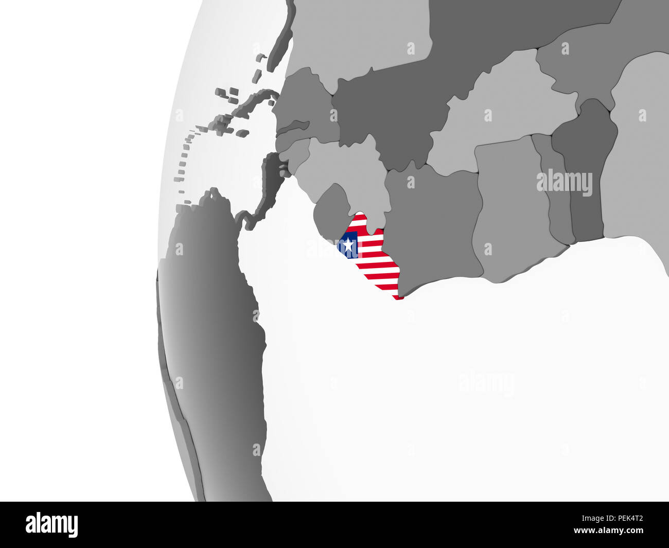 Liberia on gray political globe with embedded flag. 3D illustration ...