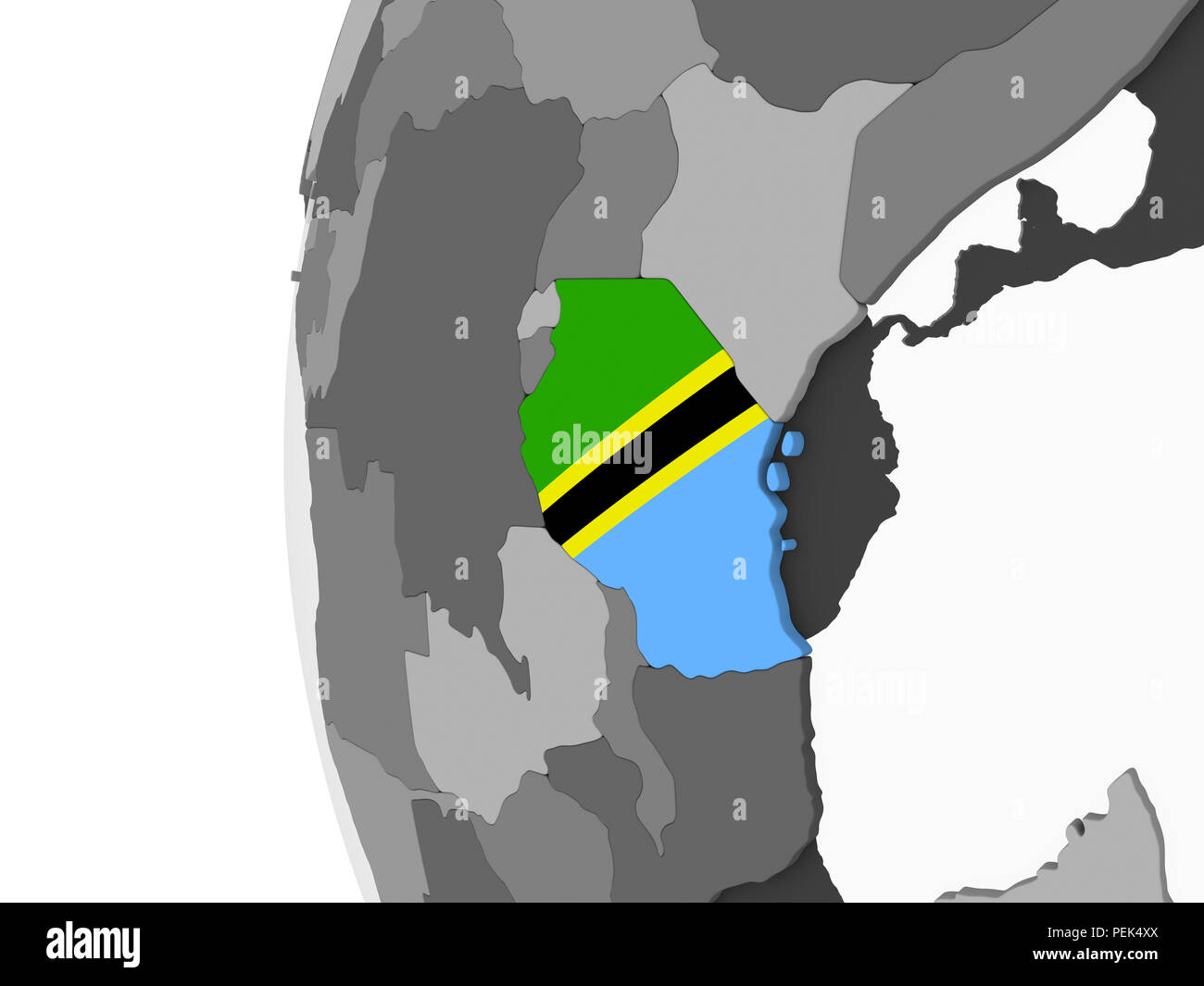 Tanzania on gray political globe with embedded flag. 3D illustration ...