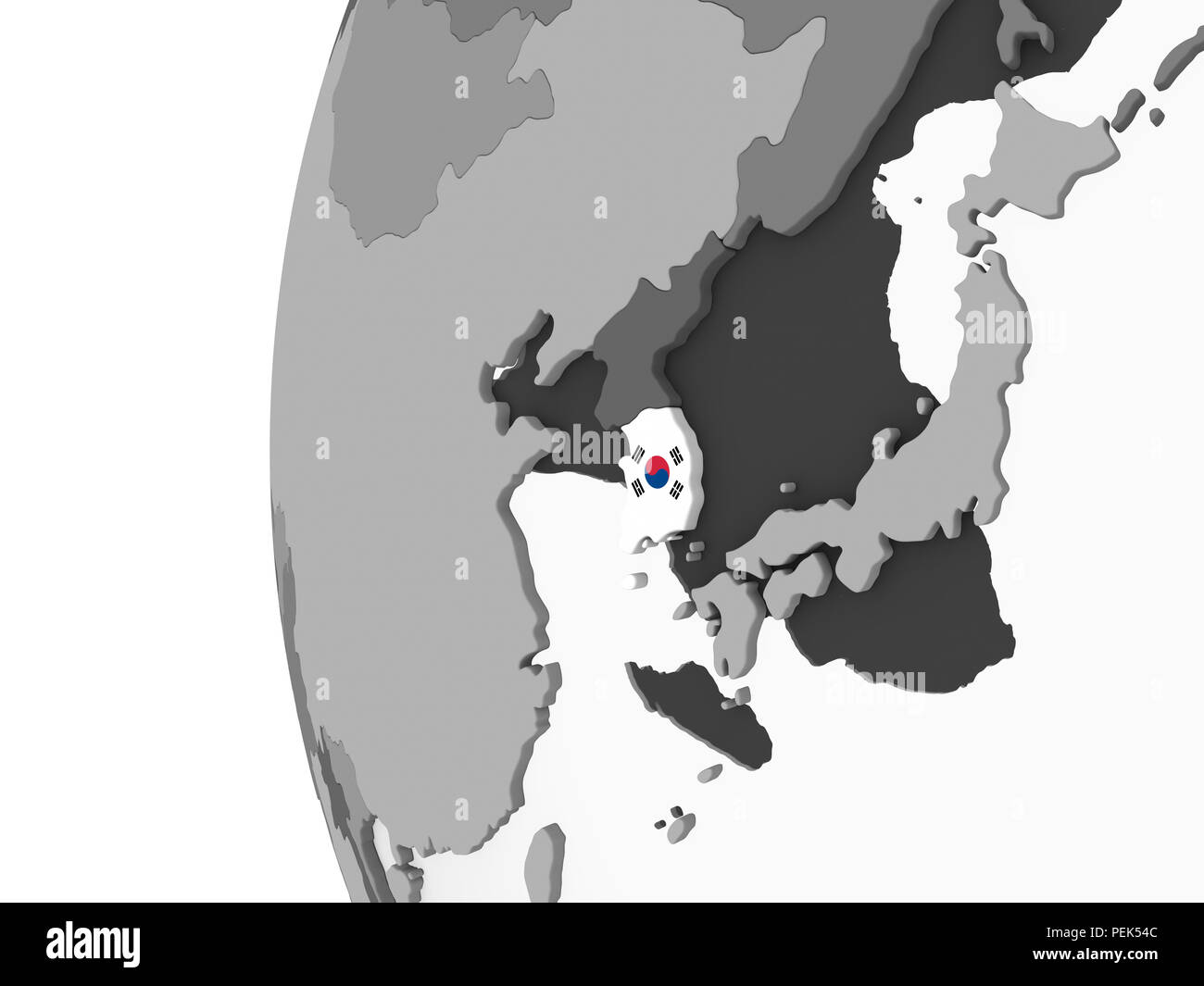 South Korea on gray political globe with embedded flag. 3D illustration ...
