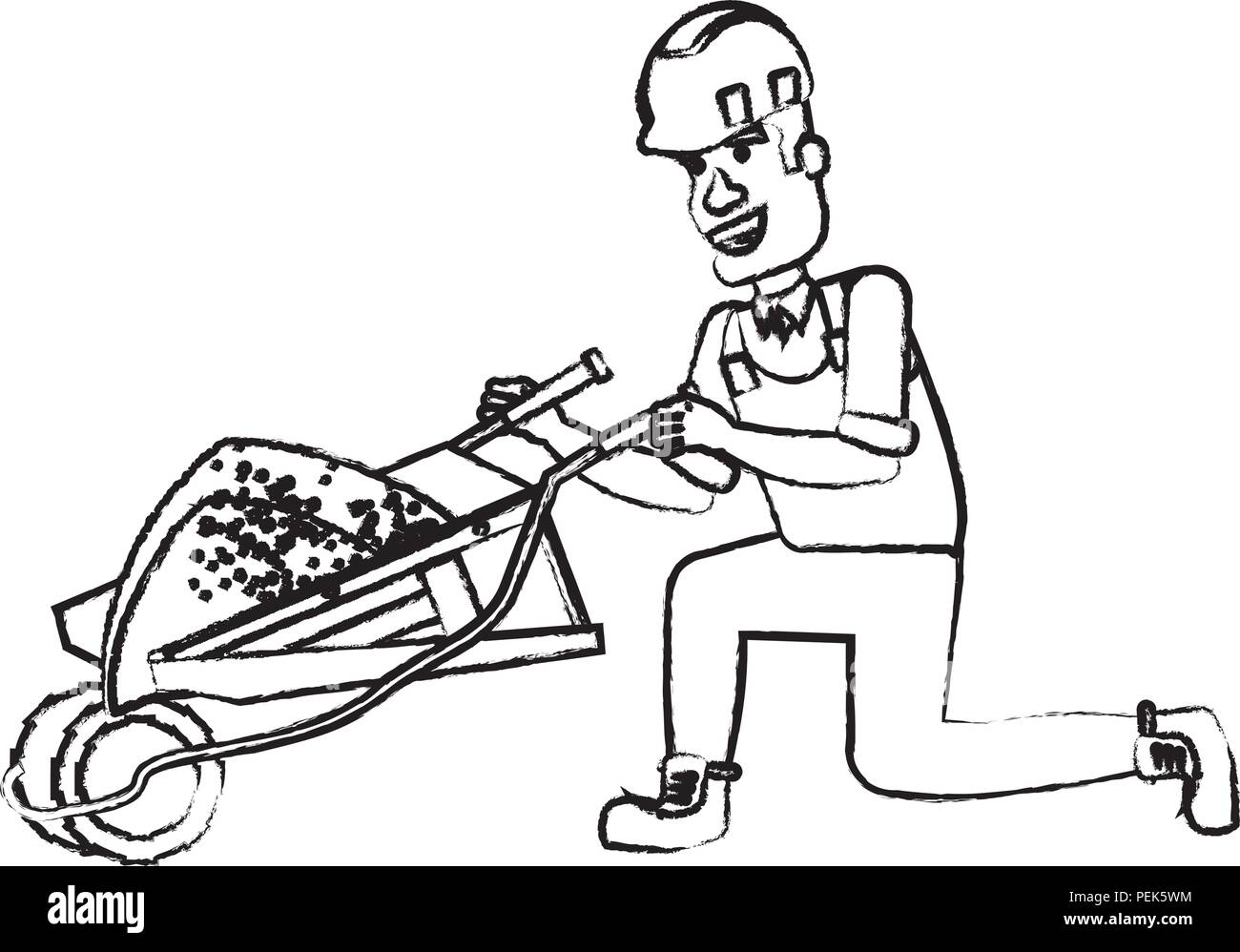 cartoon construction worker with wheelbarrow over white background ...