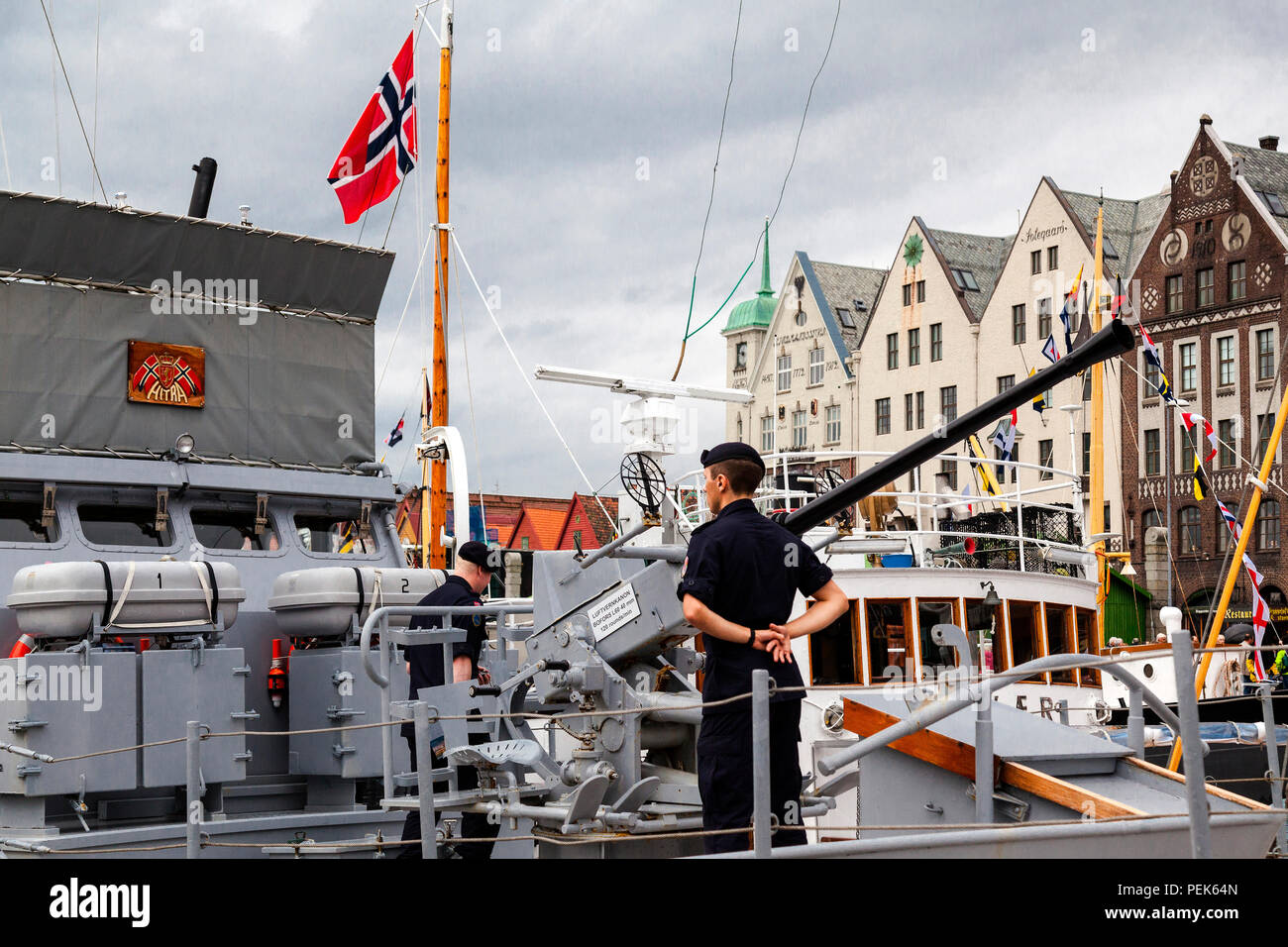 Veteran navy ship Hitra (b.1942) in the port of Bergen, Norway. Fjordsteam 2018 Stock Photo