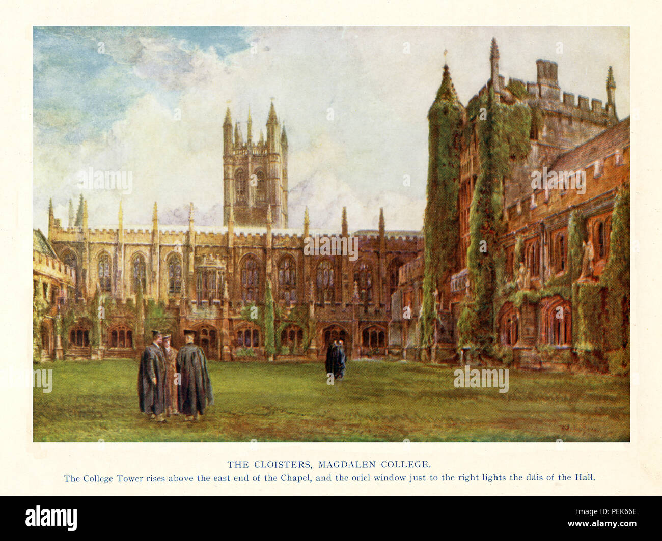 Magdalen College Cloisters, 1911 watercolour of the Oxford College with the Hall on the right and the famous tower beyond the chapel Stock Photo