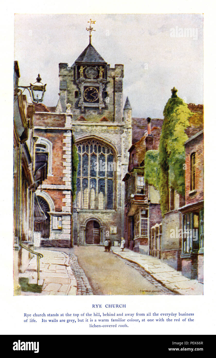 Rye Church, 1920 watercolour of the 12th century St Mary’s Church in the East Sussex Cinque Port, badly damaged by French raiders in 1377 but rebuilt afterwards Stock Photo