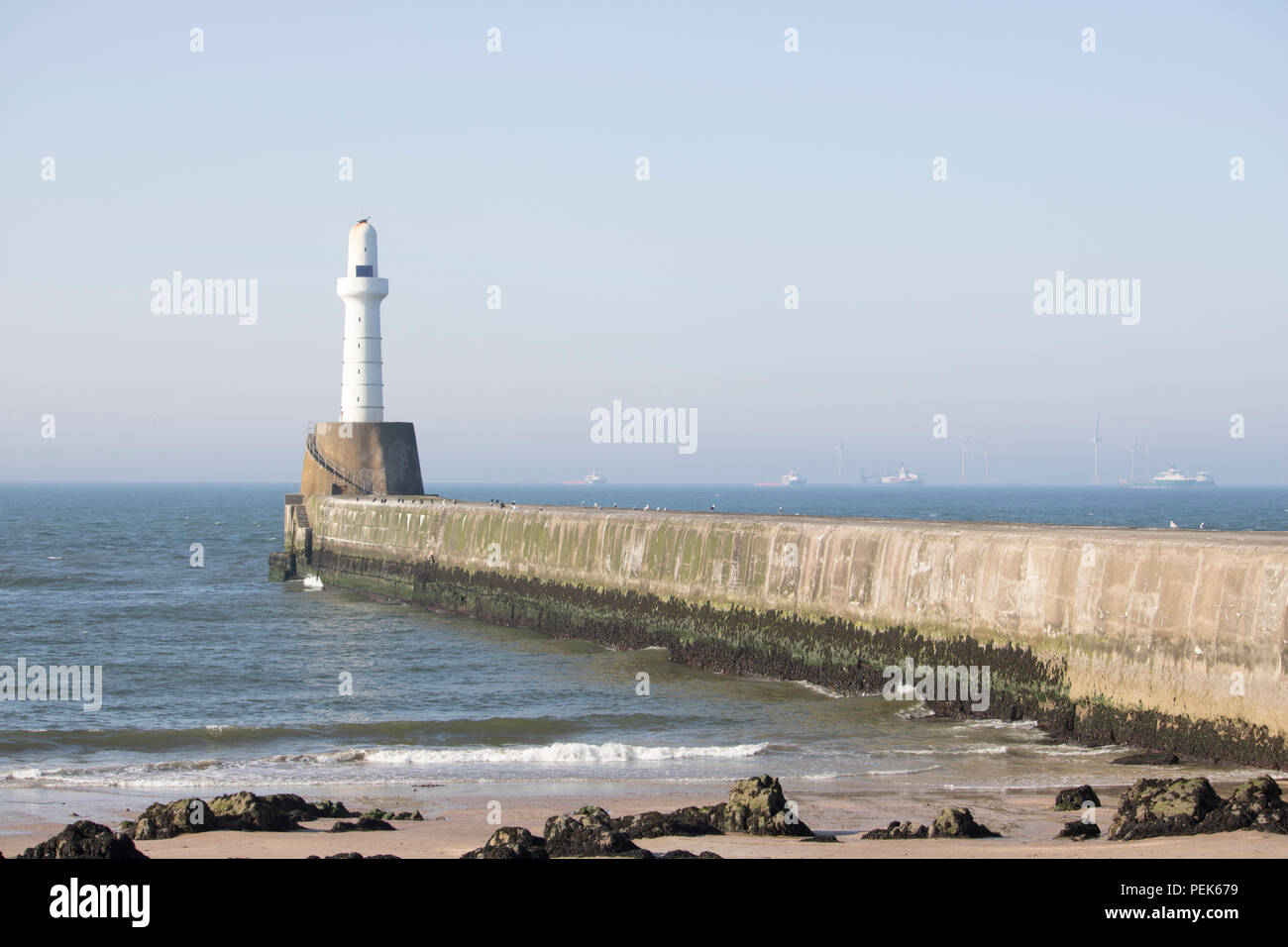 Aberdeen Lighthouse in front of Blue Sky Stock Photo