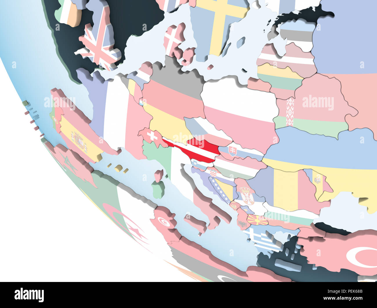 Austria on bright political globe with embedded flag. 3D illustration ...
