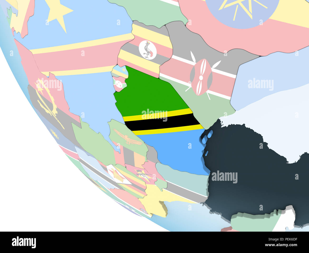 Tanzania on bright political globe with embedded flag. 3D illustration ...
