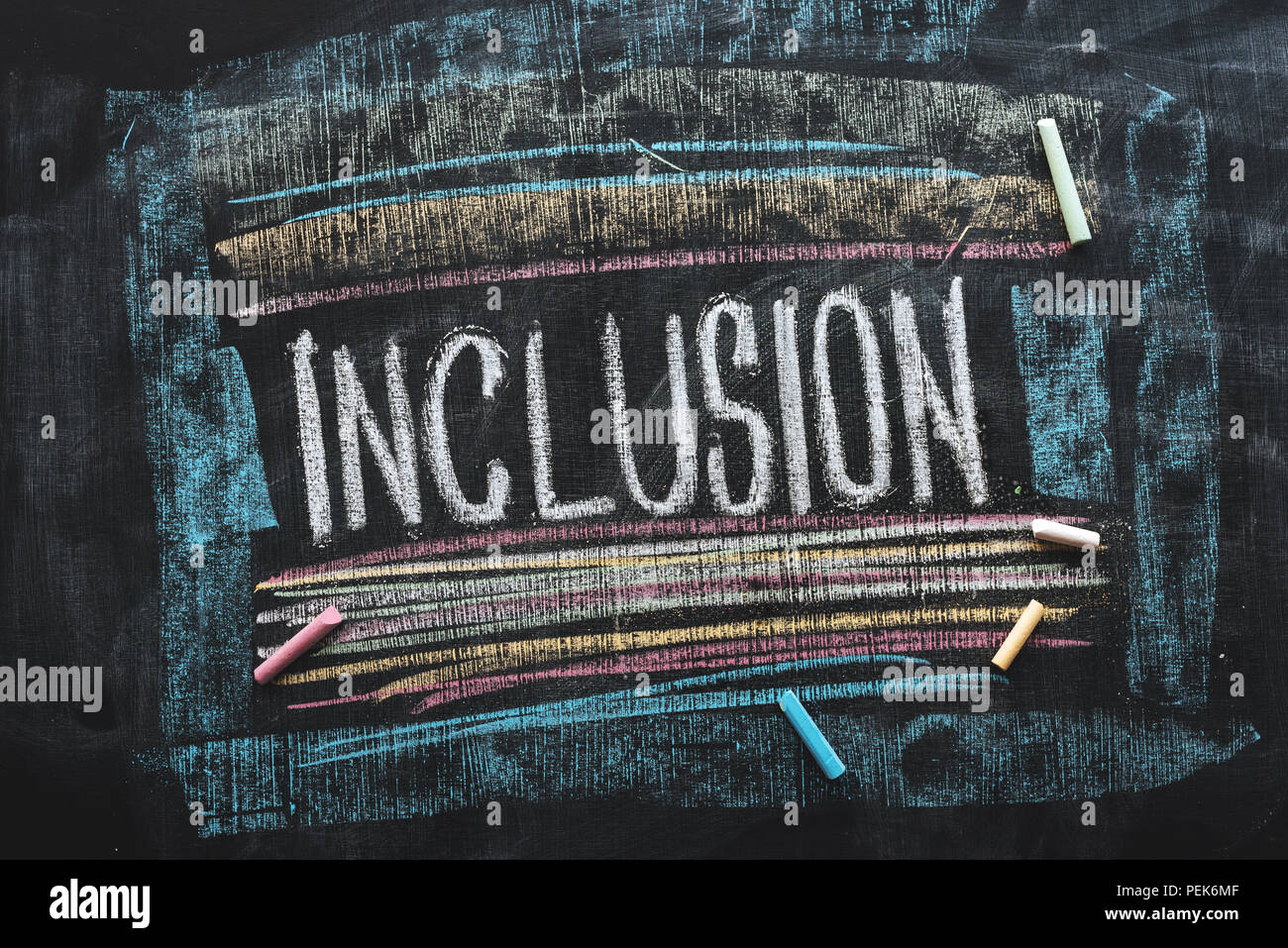 Word Inclusion on school blackboard written with chalk Stock Photo