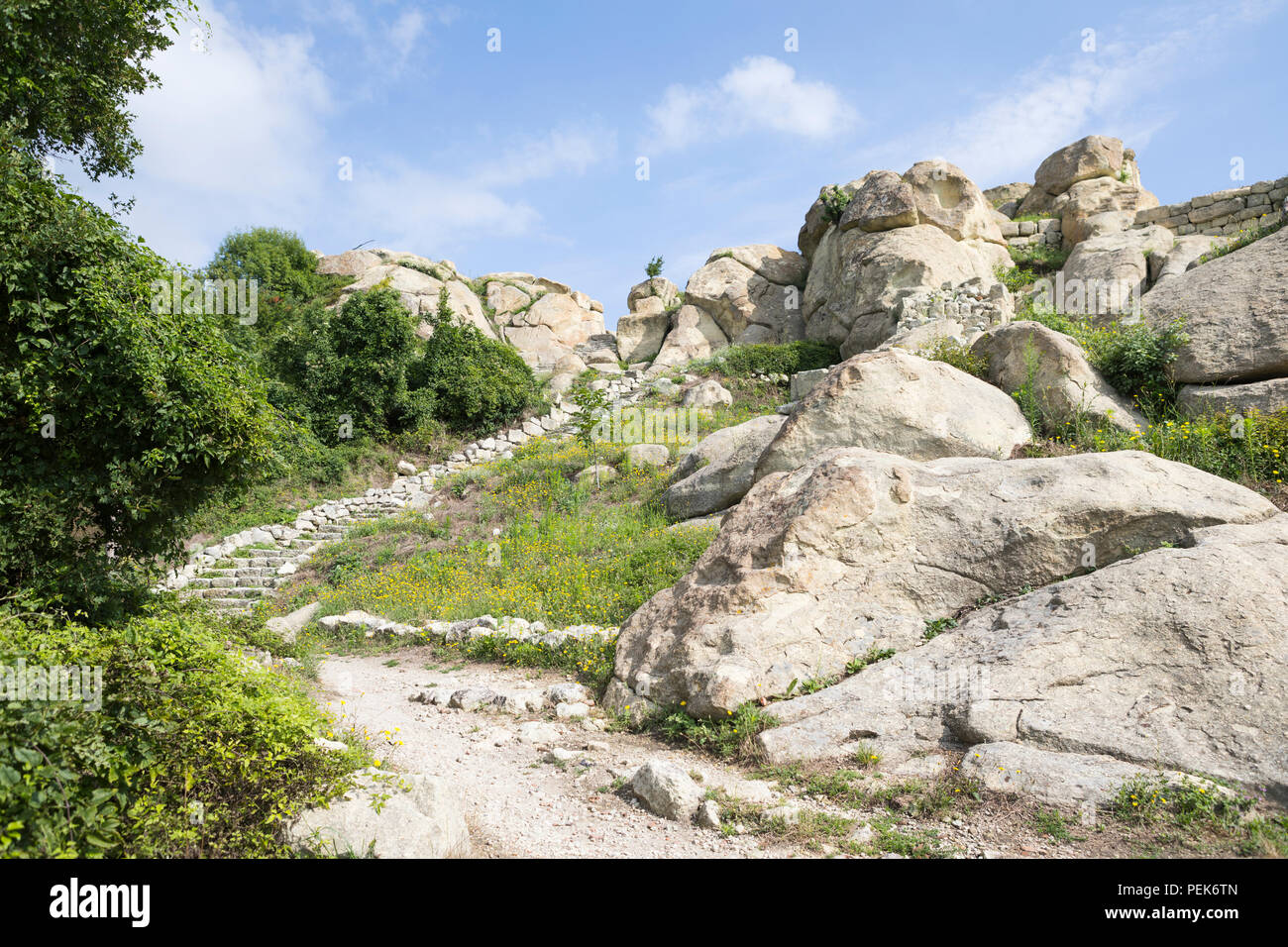 Stairway at ancient excavation Perperikon with remnants of ancient Thracian and Greek culture Stock Photo