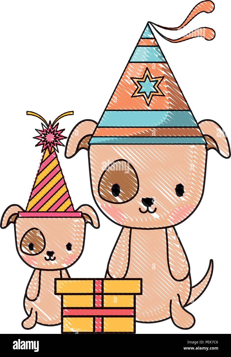 happy birthday design with cute dogs with party hats over white ...