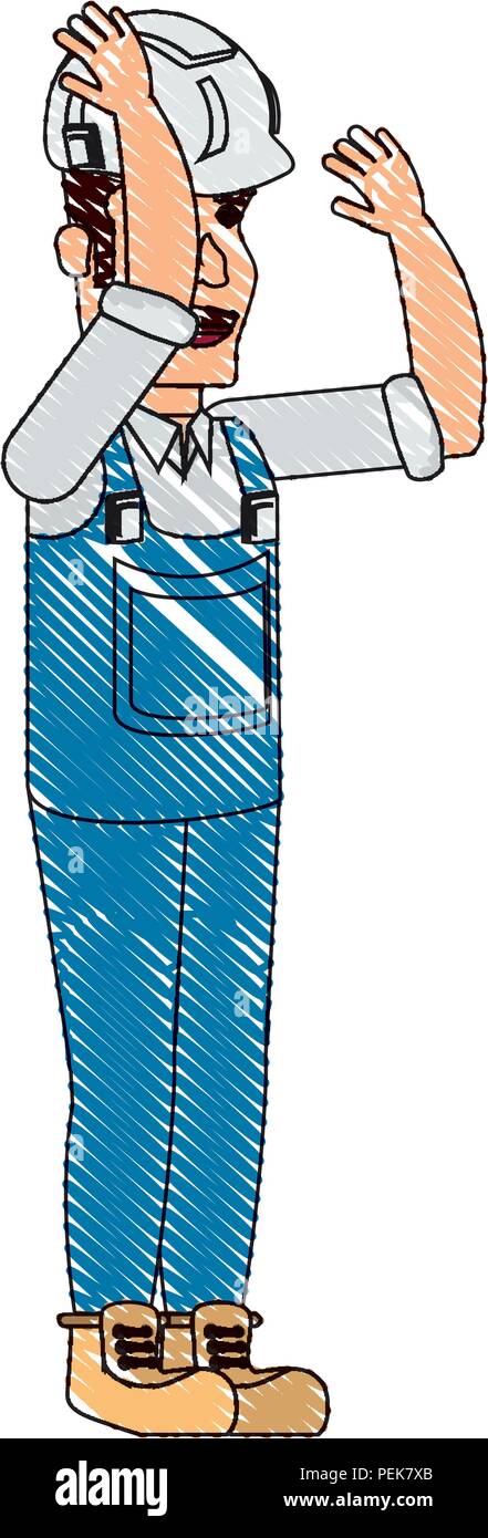 cartoon construction worker with safety vest and helmet over white ...