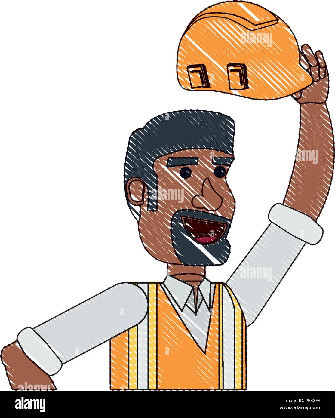 cartoon construction worker with safety vest and helmet over white ...