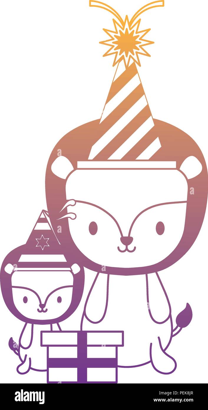 happy birthday design with cute lions with party hats over white ...