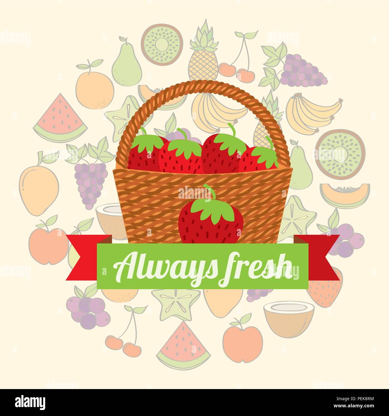 label wicker basket with always fresh strawberry Stock Vector Image