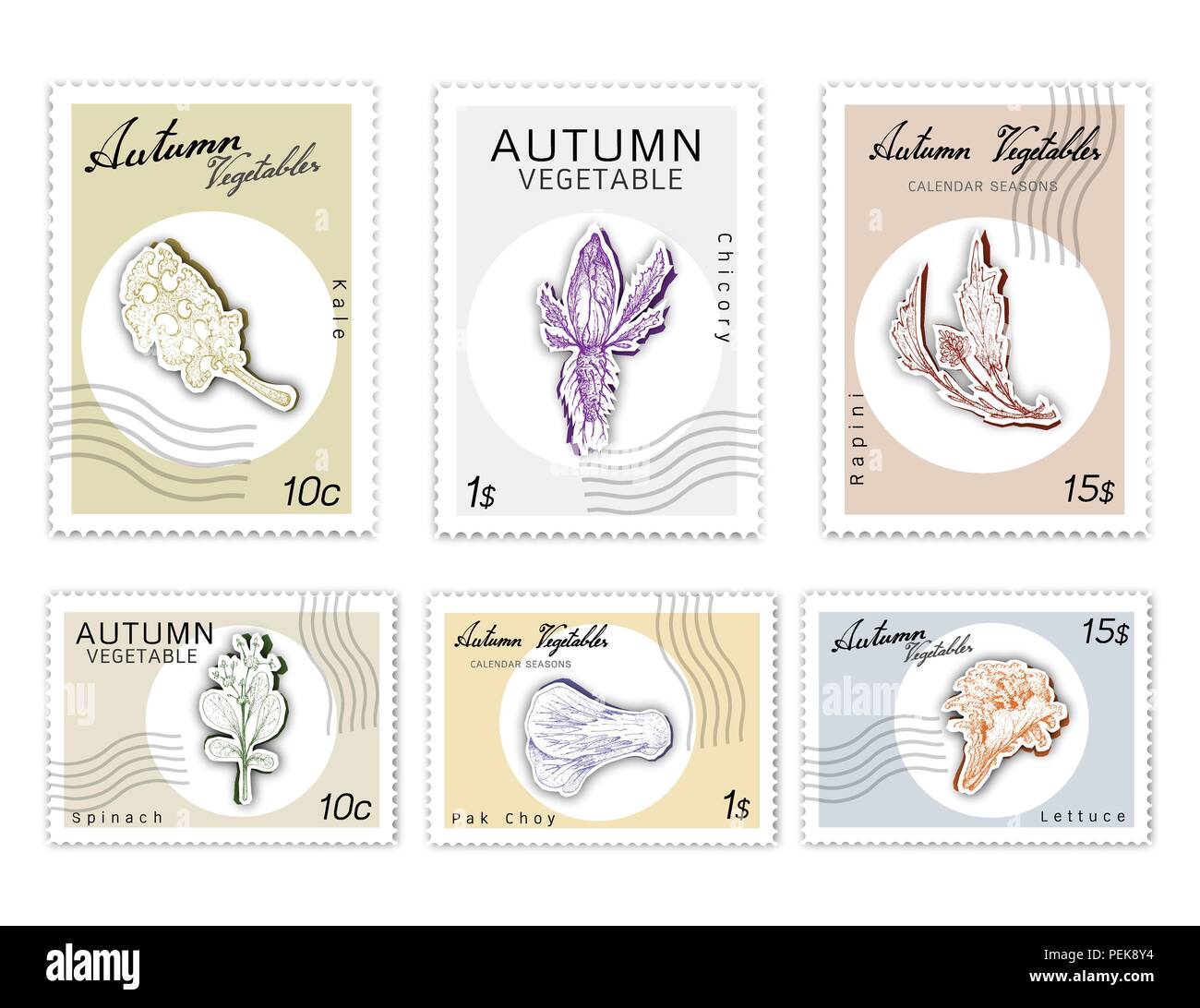 Autumn Vegetables, Post Stamps Set of Hand Drawn Sketch Chicory, Kale or Leaf Cabbage, Lettuce or Lactuca Sativa, Pak Choy, Rapini and Spinach in Tren Stock Vector