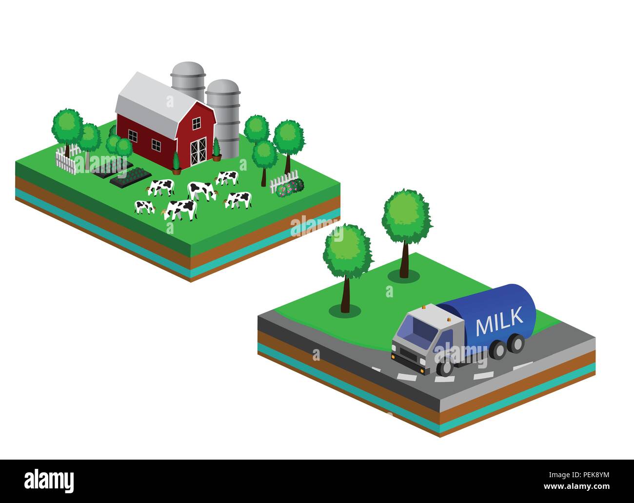 Isometric Red Barn And Trees cows vector illustration Stock Vector