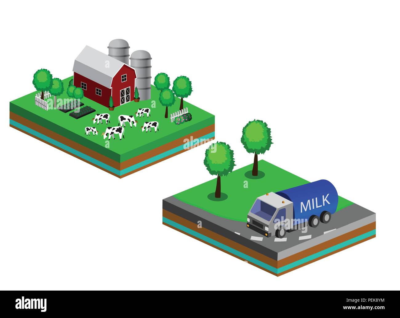 Isometric Red Barn And Trees cows vector illustration Stock Vector ...