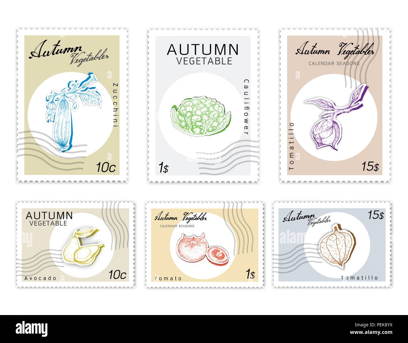 Autumn Vegetables, Post Stamps Set of Hand Drawn Sketch Avocados, Tomatillo or Mexican Husk Tomato, Tomato, Zucchini and White Cauliflower in Trendy O Stock Vector