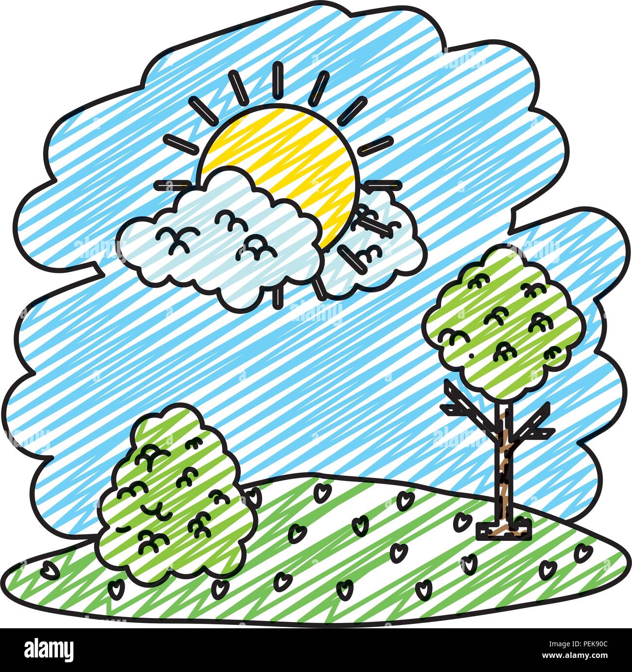 doodle nature sun with clouds and tree landscape Stock Vector Image ...