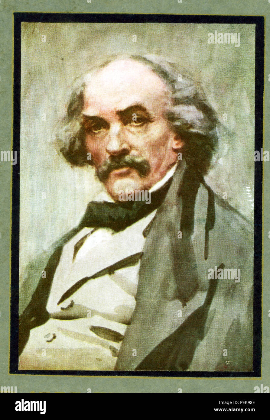 Nathaniel Hawthorne (1804-1864) was an American novelist and short story writer. His Wonder-Book and Tanglewood Tales are children’s classics. He also wrote The Scarlet Letter, Blithedale Romance, The House of Seven Gables, The Marble Faun. With his superb creation of dark-hued atmosphere, his symbolism, and his blend of realistic detail and romantic-even melodramatic theme, Hawthorne stands as one of America’s top novelists. This image of Hawthorne dates to the early 1900s. Stock Photo