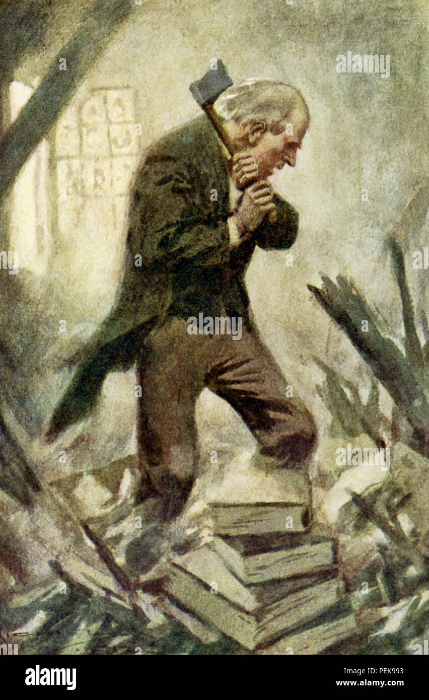 This illustration dates to the early 1900s and shows Peter Goldthwaite from Nathaniel Hawthorne's short story titled 'Peter Goldthwaite's Treasure.' The caption reads: He uplifted the axe, and laid about him so vigorously that the dust flew, the boards crashed.Nathaniel Hawthorne (1804-1864) was an American novelist and short story writer. His Wonder-Book and Tanglewood Tales are children’s classics. He also wrote The Scarlet Letter, Blithedale Romance, The House of Seven Gables, The Marble Faun. With his superb creation of dark-hued atmosphere, his symbolism, and his blend of realistic detail Stock Photo