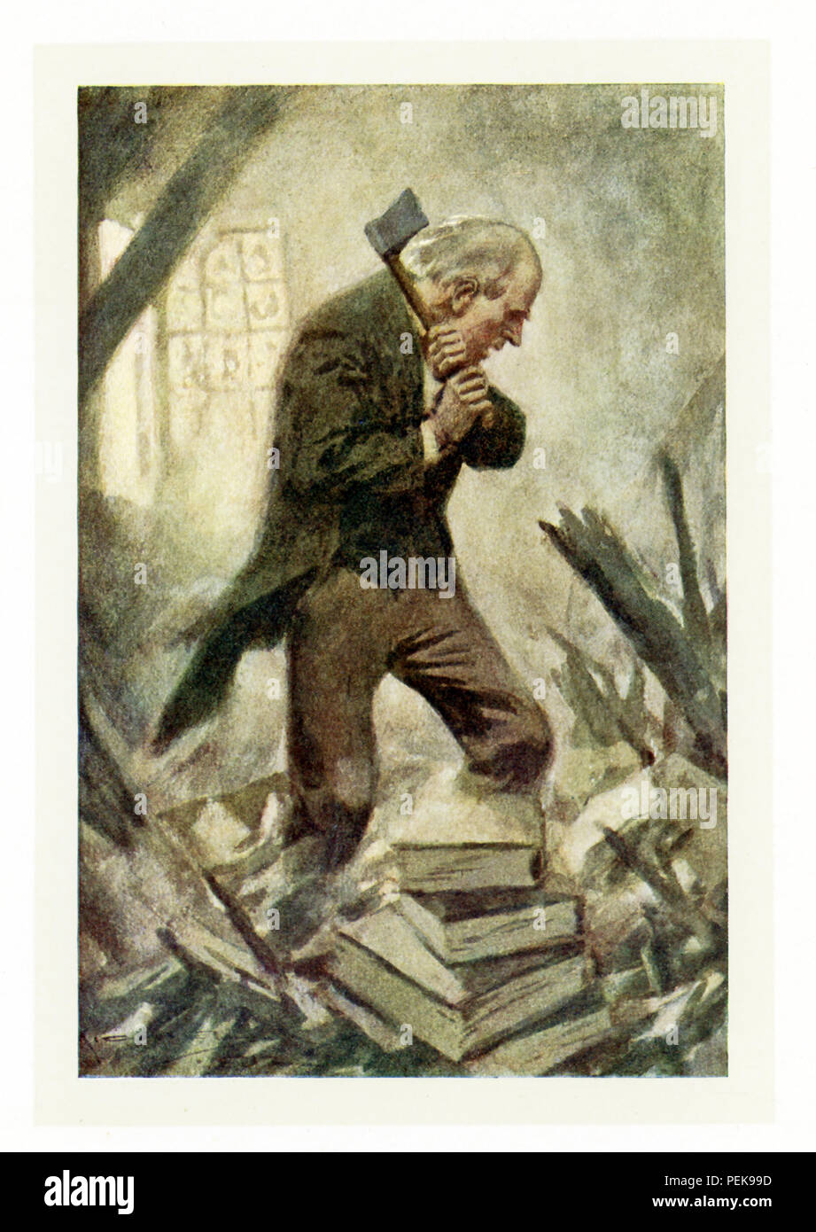 This illustration dates to the early 1900s and shows Peter Goldthwaite from Nathaniel Hawthorne's short story titled 'Peter Goldthwaite's Treasure.' The caption reads: He uplifted the axe, and laid about him so vigorously that the dust flew, the boards crashed.Nathaniel Hawthorne (1804-1864) was an American novelist and short story writer. His Wonder-Book and Tanglewood Tales are children’s classics. He also wrote The Scarlet Letter, Blithedale Romance, The House of Seven Gables, The Marble Faun. With his superb creation of dark-hued atmosphere, his symbolism, and his blend of realistic detail Stock Photo